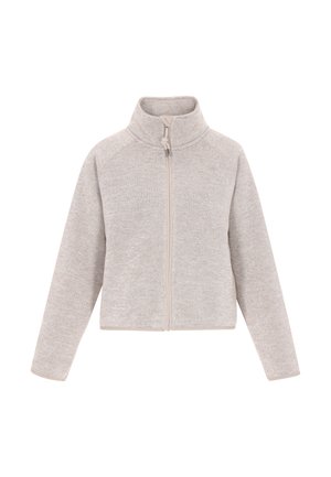 Lichtgrijze ritsshirt met een hoge kraag, raglanmouwen en een gladde textuur. Voorzien van een rits aan de voorkant en elastische afwerking aan de onderrand en mouwen.