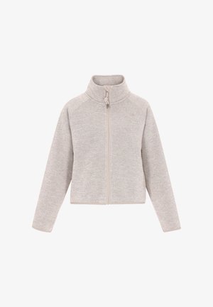 Vaaleanharmaa vetoketjullinen takki, jossa on korkea kaulus, raglan-hihat ja sileä pinta. Takissa on edessä vetoketju ja elastiset reunat helmassa ja hihoissa.