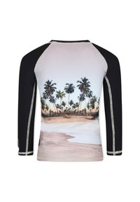 Pitkähiha, musta rash guard, jossa on trooppinen rantakuosi, jossa on palmuja, vaaleaa hiekkaa ja meren aaltoja. Silkkinen, joustava kangas.