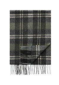 Grå og grønternet uldscarf med frynser; har vekslende mørke og lyse ternmønstre i blød tekstur.
