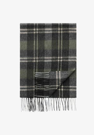 Grå og grønternet uldscarf med frynser; har vekslende mørke og lyse ternmønstre i blød tekstur.