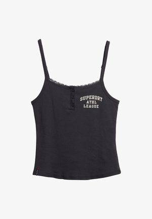 Czarny prążkowany top na ramiączkach typu spaghetti z trzema guzikami z przodu, koronkowym wykończeniem dekoltu oraz napisem „Superdry ATHL LEAGUE” na piersi.