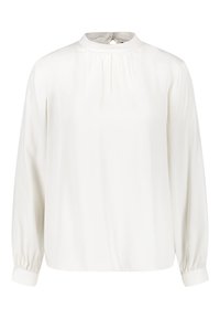 Blusa bianca a maniche lunghe con collo alto, dettagli arricciati sul davanti e polsini elastici. Tessuto morbido e leggero.