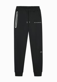 Zwarte joggingsbroek in een taps toelopend ontwerp, met een elastische tailleband, zijzakken met rits en subtiele branding in het wit.