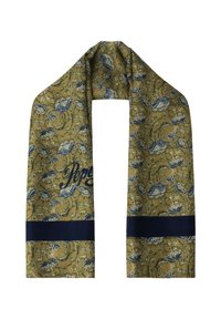 Blumenmuster-Schal in Olivegrün und Marineblau, mit strukturiertem Oberflächen und einem dunkelblauen Streifen; gesticktes Logodesign.