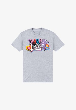 Szara bawełniana koszulka z kolorowym napisem "Dziel się miłością" z rysunkowym niedźwiedziem i graficznymi sercami w różnych kolorach.