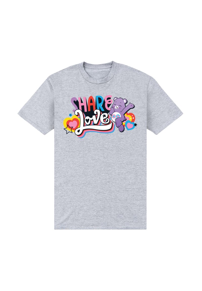 Camiseta de algodón gris con texto colorido que dice "Comparte Amor" junto a un oso de dibujos animados y gráficos de corazones en diversos colores.