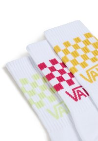 Tre paia di calzini bianchi con motivi a scacchi colorati in rosa, verde e giallo. Polsini a coste con logo del marchio su ciascun calzino.