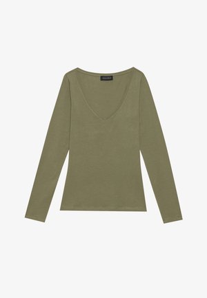 Olive green long-sleeve top with a V-neck. Soft cotton material, fitted design, and minimal stitching details at the hem and cuffs.