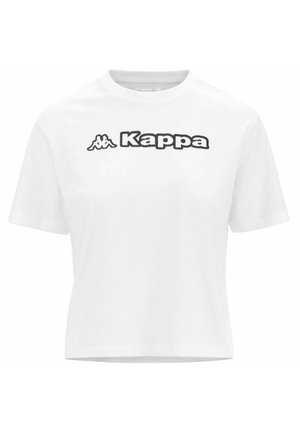 T-shirt bianca a maniche corte in cotone, con un grande logo nero "Kappa" sul davanti e scollo rotondo.