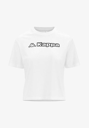 T-shirt bianca a maniche corte in cotone, con un grande logo nero "Kappa" sul davanti e scollo rotondo.