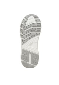 Semelle de chaussure de sport blanche avec un motif de semelle en caoutchouc gris, présentant des rainures significatives et des éléments de traction pour la stabilité et l'adhérence.