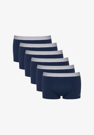 Boxer-briefs bleu marine avec une ceinture élastique grise contrastante. Texture lisse, design ajusté, et six paires alignées côte à côte.