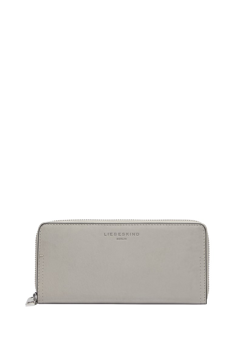 Portefeuille en cuir gris clair avec fermeture éclair, logo de la marque en relief et un design minimaliste sans motifs ni détails de matériel visibles.