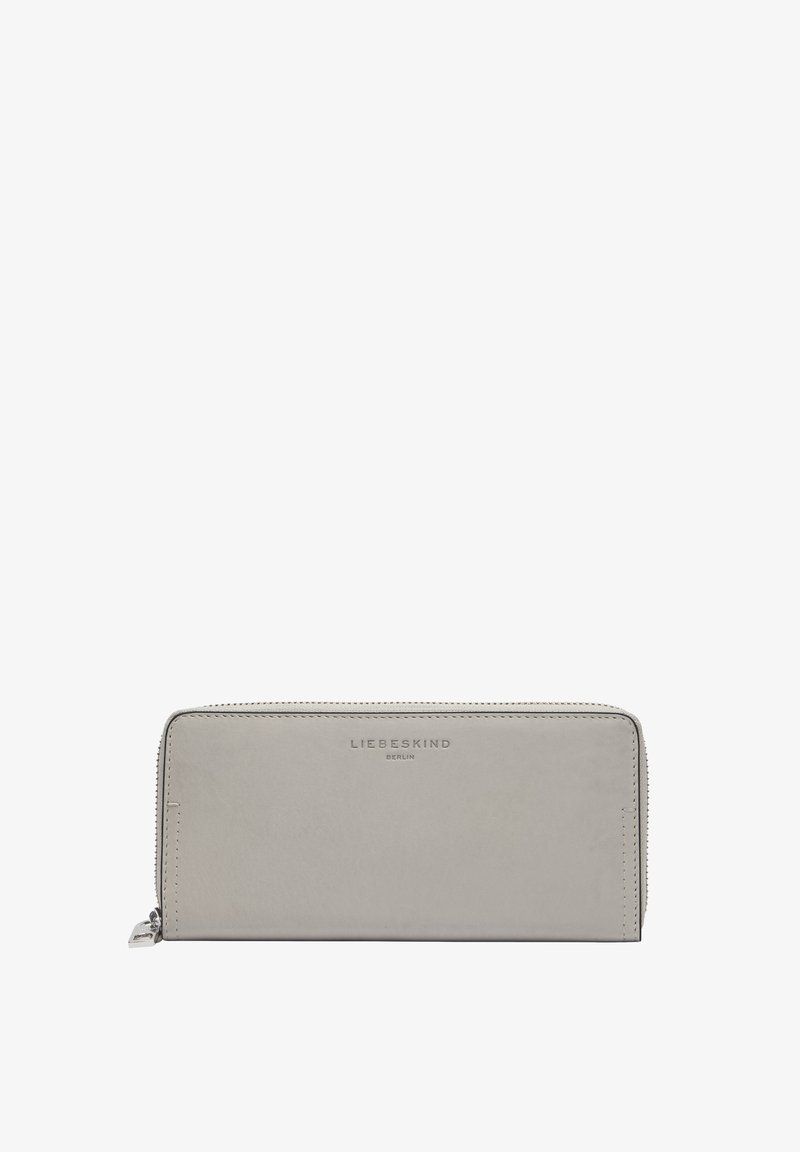 Portefeuille en cuir gris clair avec fermeture éclair, logo de la marque en relief et un design minimaliste sans motifs ni détails de matériel visibles.