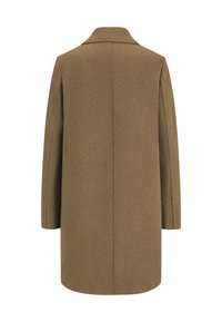 Brauner Wollmantel mit strukturierter Silhouette, langen Ärmeln, einfachem Reverskragen und strukturiertem Finish. Keine sichtbaren Verschlüsse.