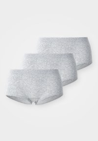 Three light grey seamless high-waist women's underwear briefs laid overlapping on a white background.