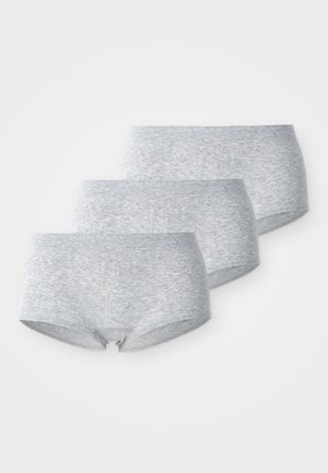 Trois culottes pour femmes taille haute de couleur gris clair, posées en chevauchement sur un fond blanc.