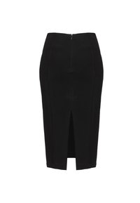 Svart blyertskjol med dragkedja bak, knälång, har en framspaltning, slät textur och skräddarsydd passform. Inga ytterligare mönster eller detaljer.