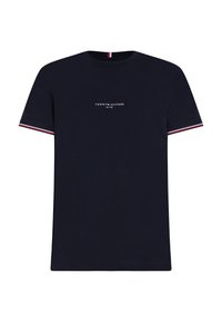 Navy blue cotton t-shirt with short sleeves, featuring a crew neck and red/white striped accents on sleeves. Logo printed on front.