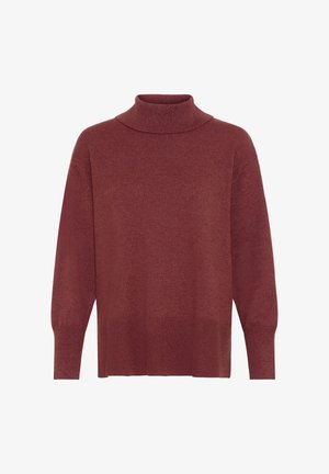 Tumepruun kõrge kaelusega kampsun, millel on lõdvem istuvus, soonikkoes kaelus ja mansetid ning peen tekstuur. Kampsuni keha on sileda viimistlusega.