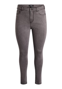 Jean skinny gris à taille haute, cinq poches, décoloration subtile et fermeture à glissière. Fabriqué en tissu denim pour un look ajusté.