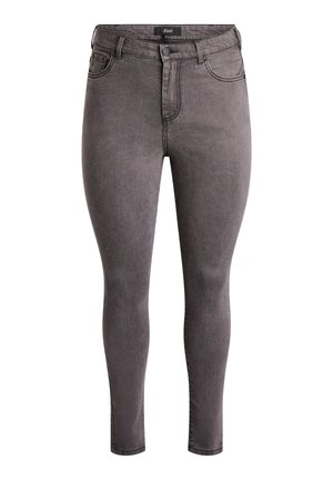 Graue Skinny-Jeans mit hoher Taille, fünf Taschen, subtiler Ausbleichung und einem Reißverschluss. Hergestellt aus Denim-Stoff für eine schmale Passform.