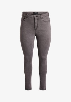 Pilki skinny džinsai su aukštu liemeniu, penkiais kišenėmis, subtiliu blukimu ir užtrauktuku. Pagaminti iš džinsinio audinio, kad suteiktų prigludusį įvaizdį.