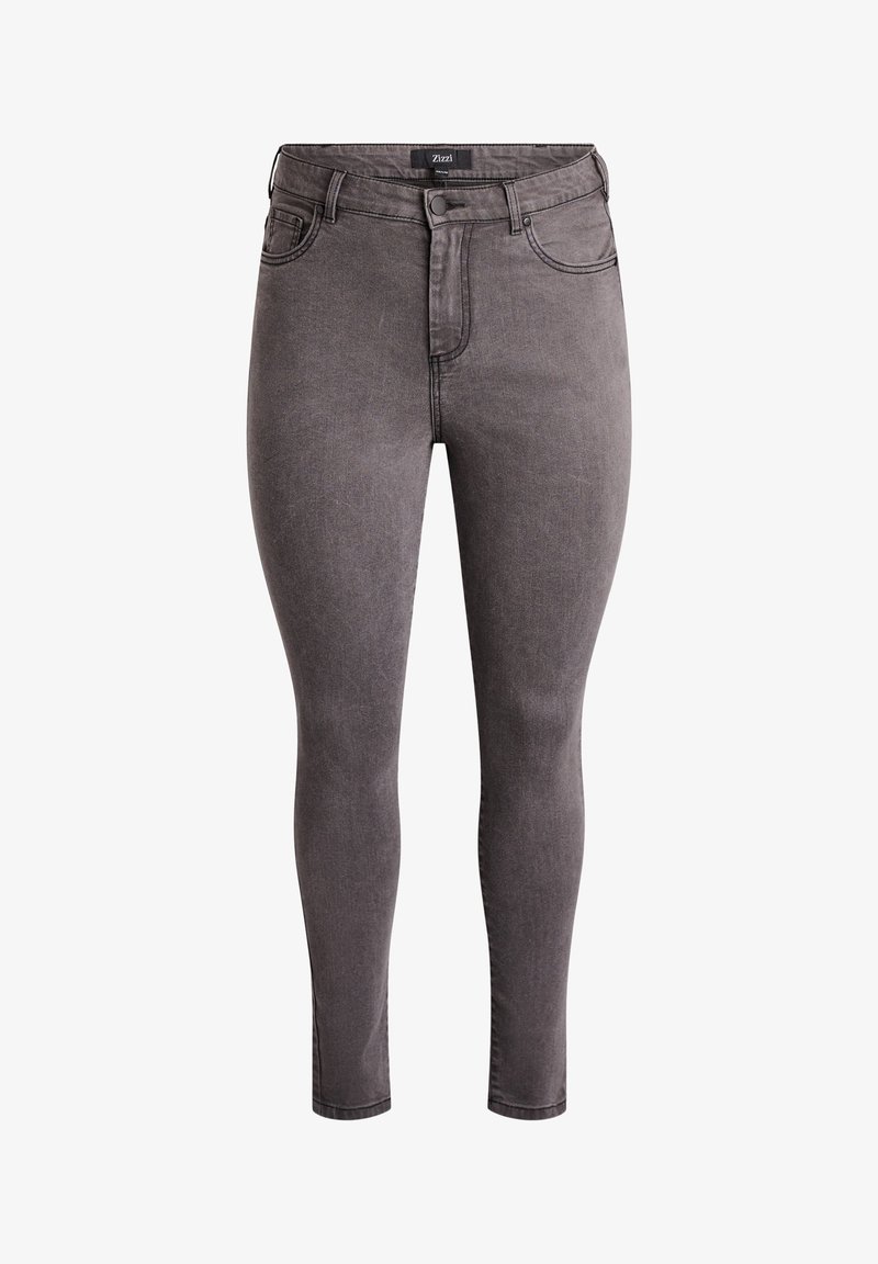 Jeans ajustados grises de cintura alta, con diseño de cinco bolsillos, un sutil desgaste y cierre de cremallera. Fabricados en tela de mezclilla para un ajuste ceñido.