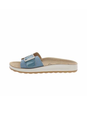 Sandalo slide con soletta imbottita beige, suola bianca e cinturino blu con una grande fibbia argentata, mostrato in profilo destro.