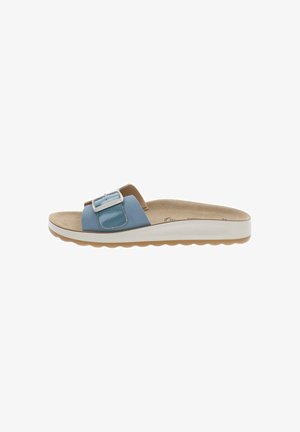 Sandalo slide con soletta imbottita beige, suola bianca e cinturino blu con una grande fibbia argentata, mostrato in profilo destro.