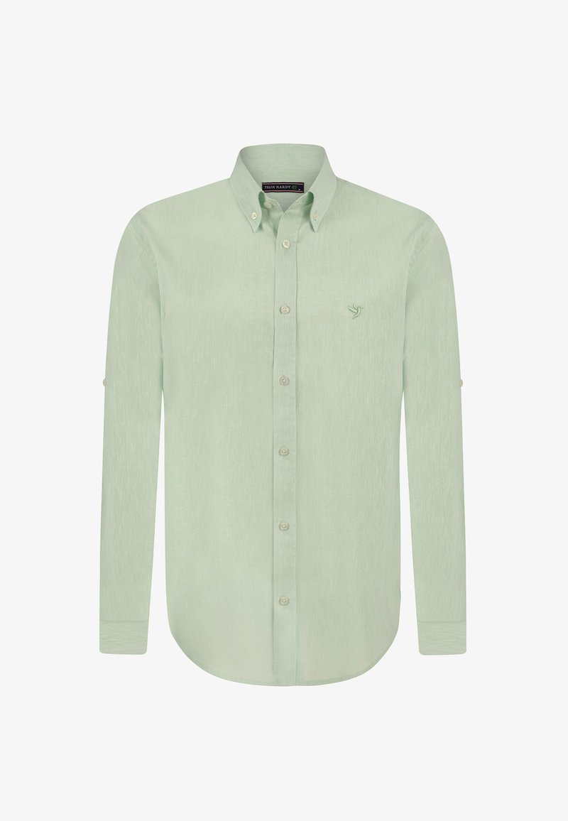 Hele roheline pikkade varrukatega särk, millel on nööbiga krae, peen tekstuur, väikene broderi logo rinnal ja ümar alläär.