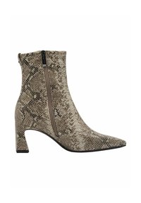 Bottine pour femme montant à la cheville, avec bout pointu, talon bloc, fermeture éclair latérale, et texture ainsi que motif en peau de serpent marron.