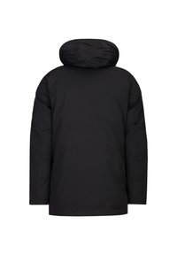 Zwarte pufferjack met een capuchon, met een gladde, textuur afgewerkte stof, lange mouwen en een rechte snit. Achteraanzicht, zonder zichtbare hardware of accenten.