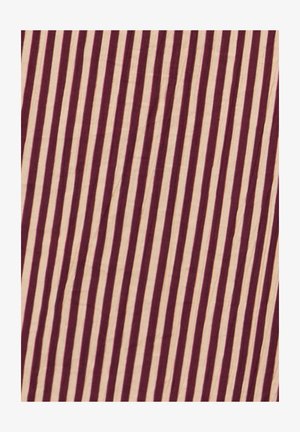 Rayas diagonales alternas en color granate y beige sobre un fondo de tela texturizada.