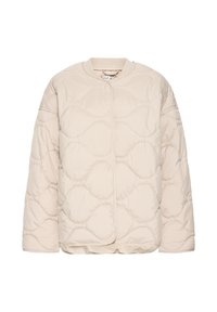 Jachetă bej matlasată cu guler rotund și închidere frontală cu nasturi. Material moale, texturat, cu design căptușit și croială lejeră.