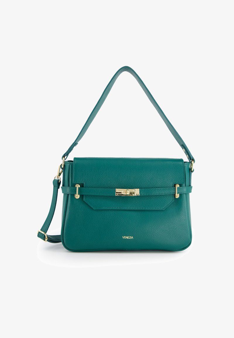 Sac à main en cuir vert avec une poignée supérieure et une bandoulière ajustable, doté d'un fermoir en métal doré à verrouillage tournant et d'une marque "Venezia".