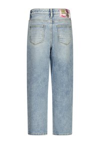 Jeans in denim azzurro chiaro con una vestibilità rilassata, vita media e due tasche posteriori. Presentano un'etichetta decorativa sulla vita.