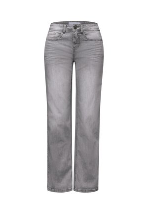 Jean denim gris coupe droite avec poches avant, passants pour ceinture et fermeture à bouton, présenté sur un fond blanc.