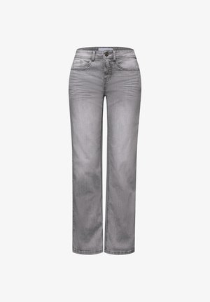 Szare dżinsy o prostych nogawkach, z przednimi kieszeniami, szlufkami na pasek i zapięciem na guzik, prezentowane na białym tle.