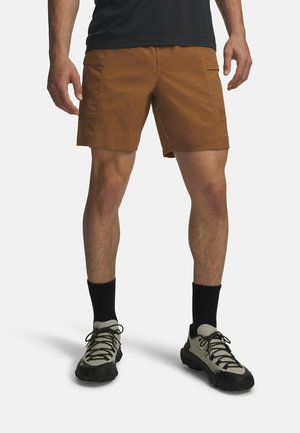 Brown shorts with a smooth texture, two side pockets, and a straight cut, paired with gray and black outdoor shoes and black socks.