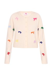 Cardigan crem cu mâneci lungi, prezentând aplicații sub formă de fundițe multicolore și un tiv cu model în dungi, închis cu butoane pe centrul frontal.