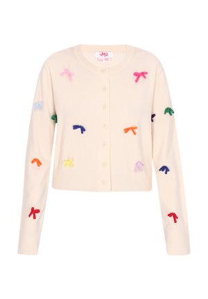 Kremowy kardigan z długimi rękawami, zdobiony kolorowymi aplikacjami w kształcie kokardek i ściągaczem na dole, z zapięciem na guziki wzdłuż środka.