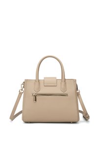 Borsa a tracolla in finta pelle beige con manici superiori, tracolla removibile, tasca con zip frontale e design strutturato. Accenti in hardware color oro.