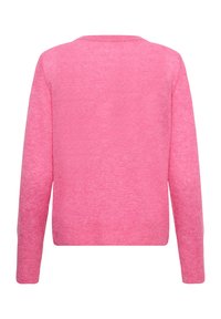 Pull en tricot rose avec un col rond, des manches longues et une texture douce, avec un dos uni.