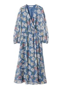 Robe midi bleu à manches longues avec col en V croisé et imprimé floral blanc, rose et jaune, taille froncée et manches légèrement bouffantes.