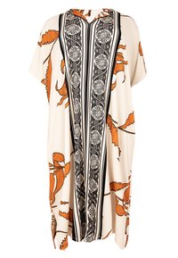 Kaftan met een off-white basis, voorzien van zwarte verticale strepen en oranje botanische prints. Losvallend, met korte mouwen en een V-hals ontwerp.