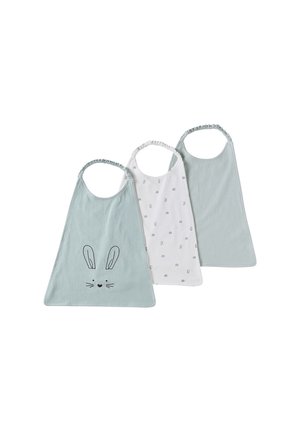 Set of three kids' bibs with elastic neckbands; two solid light blue and one white with small animal face prints, one blue bib shows a bunny face.