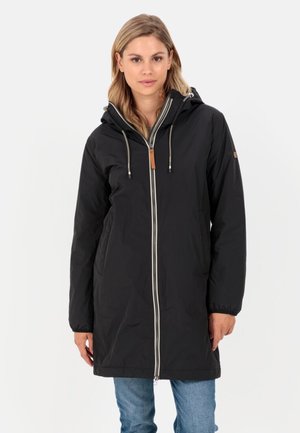 Schwarzer, wasserdichter Parka mit Kapuze, Frontreißverschluss, Kordelzügen und elastischen Bündchen. Verfügt über ein kontrastierendes Futter und einen Schlitz am Saum.