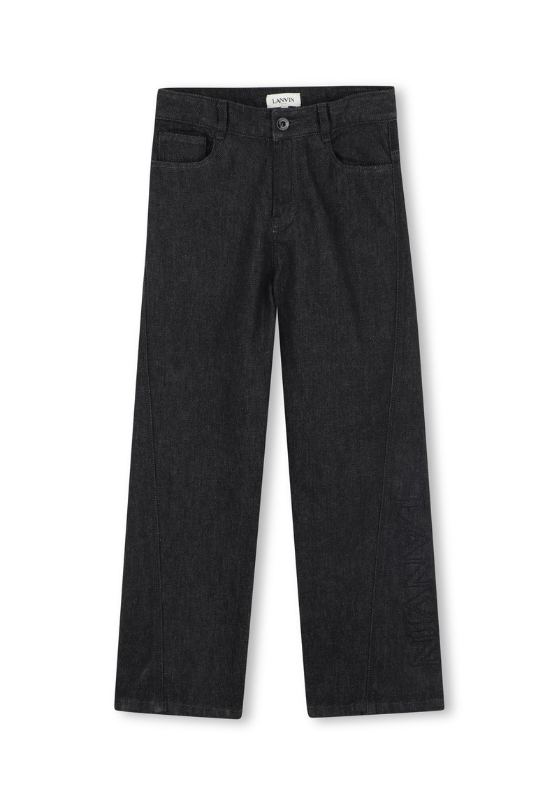 Pantaloni in denim nero con un design a gamba dritta, dotati di tasche frontali e un logo in rilievo discreto sul lato. Tessuto testurizzato.